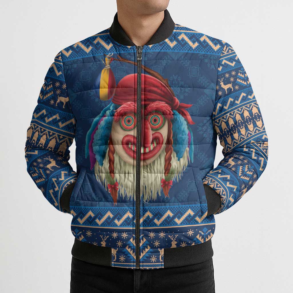 Personalized Romania Christmas Bomber Puffer Jacket Romanian Traditional Masks - Wonder Print Shop