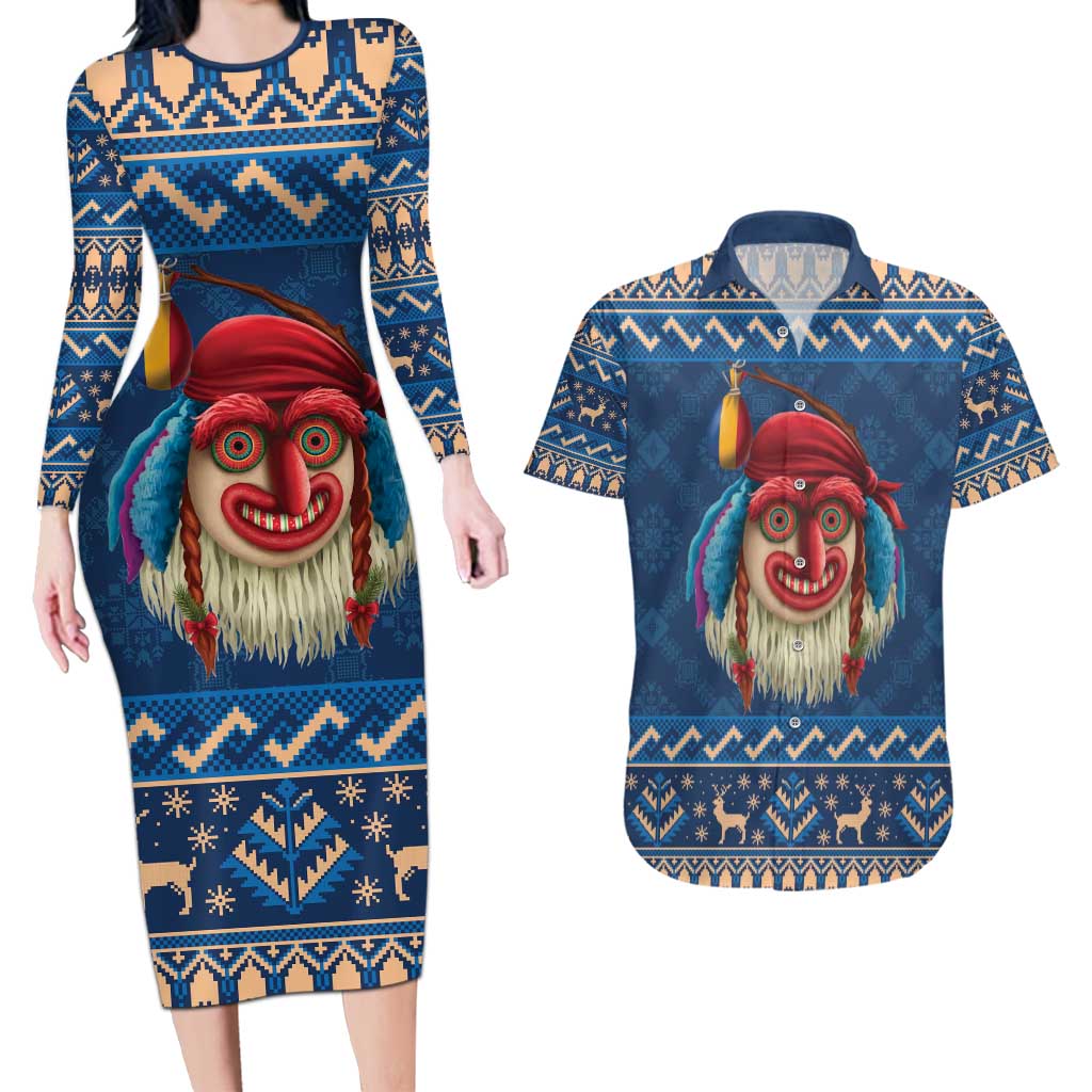 Personalized Romania Christmas Couples Matching Long Sleeve Bodycon Dress and Hawaiian Shirt Romanian Traditional Masks - Wonder Print Shop