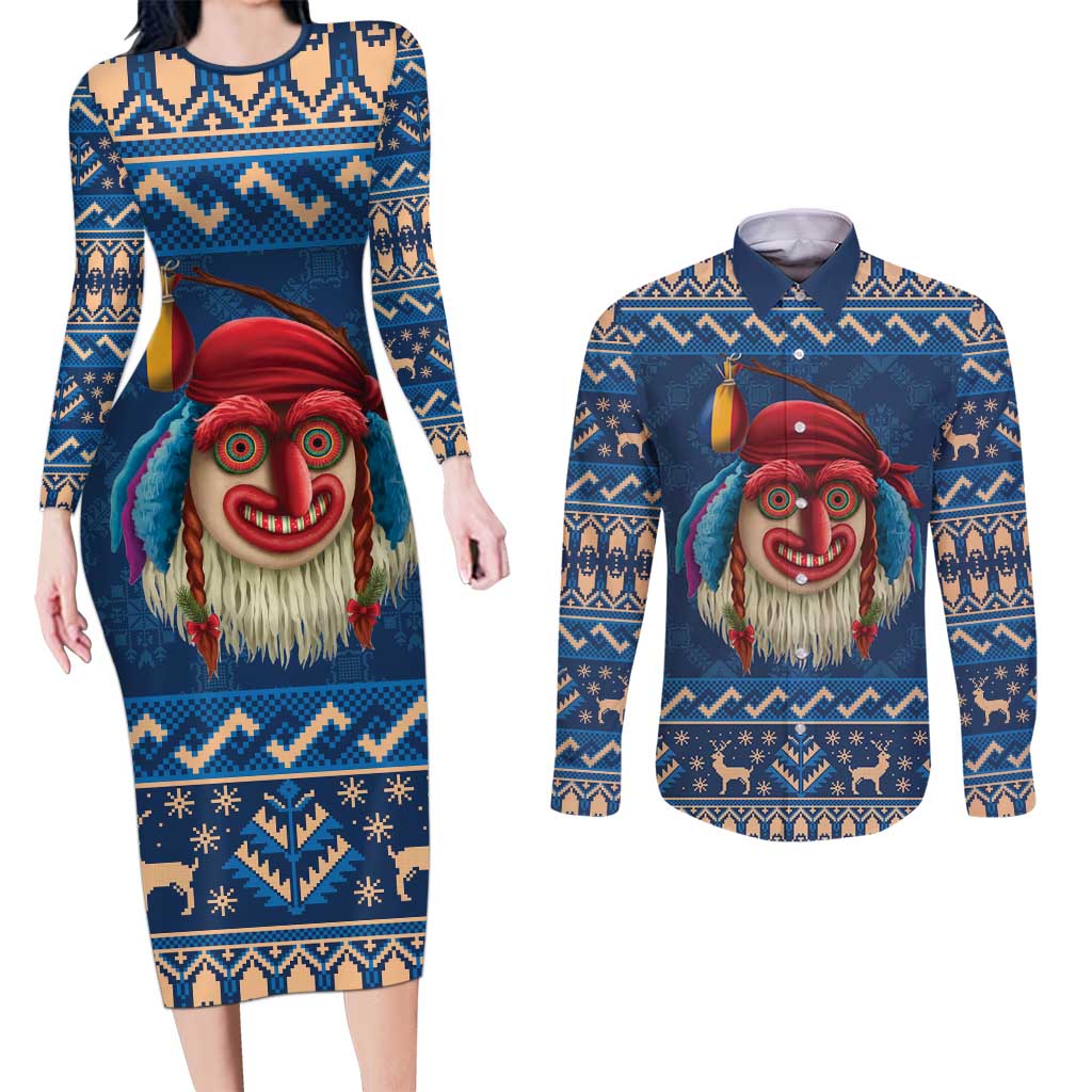 Personalized Romania Christmas Couples Matching Long Sleeve Bodycon Dress and Long Sleeve Button Shirt Romanian Traditional Masks - Wonder Print Shop