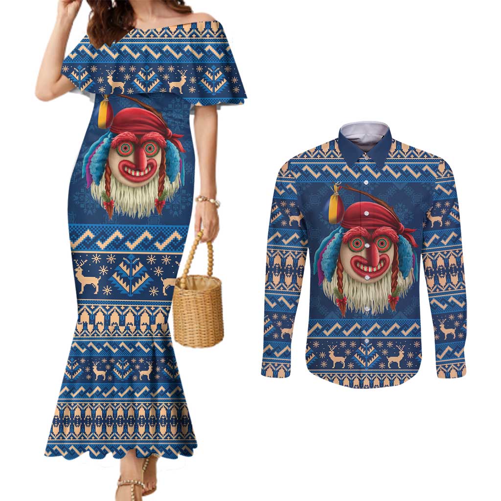 Personalized Romania Christmas Couples Matching Mermaid Dress and Long Sleeve Button Shirt Romanian Traditional Masks - Wonder Print Shop