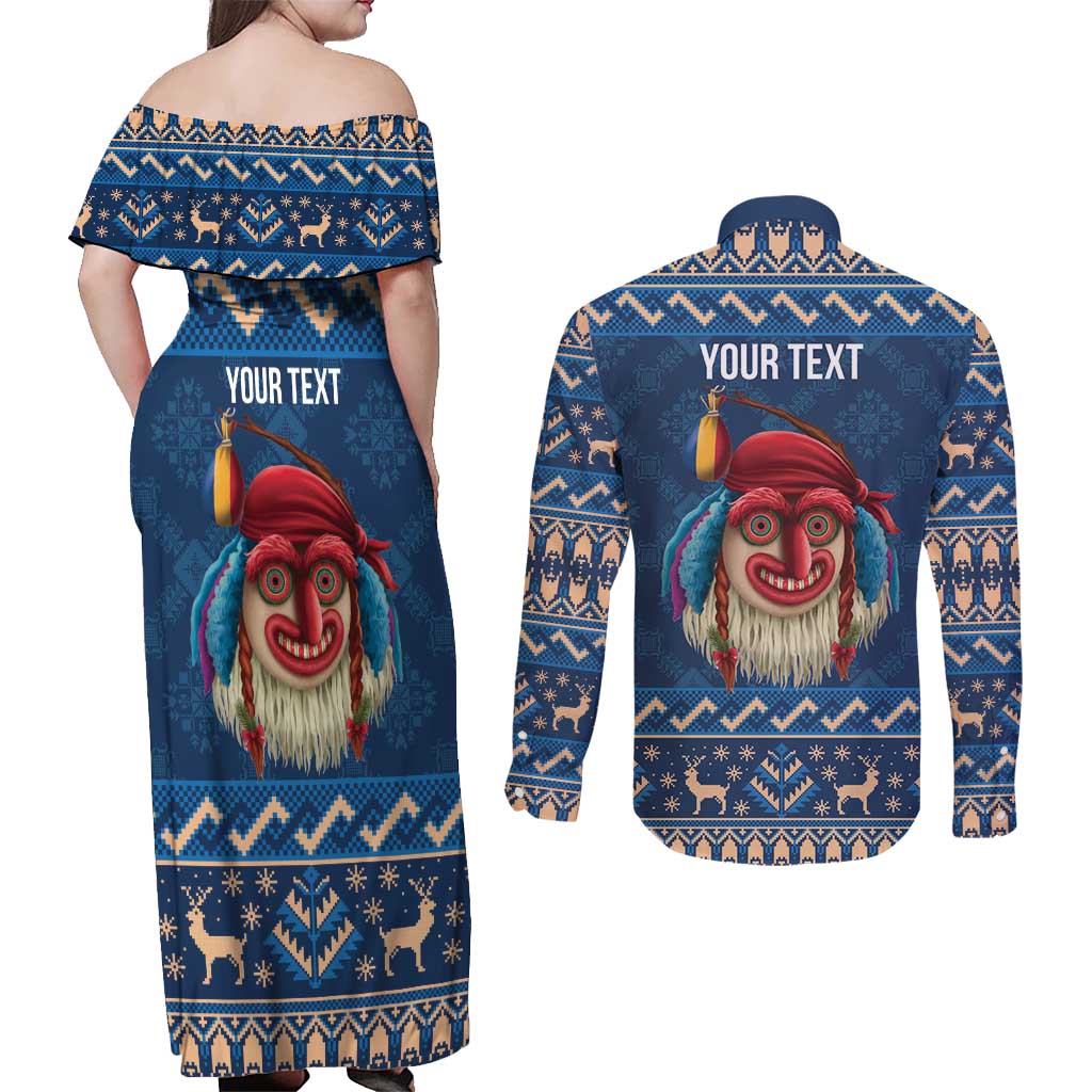 Personalized Romania Christmas Couples Matching Off Shoulder Maxi Dress and Long Sleeve Button Shirt Romanian Traditional Masks - Wonder Print Shop