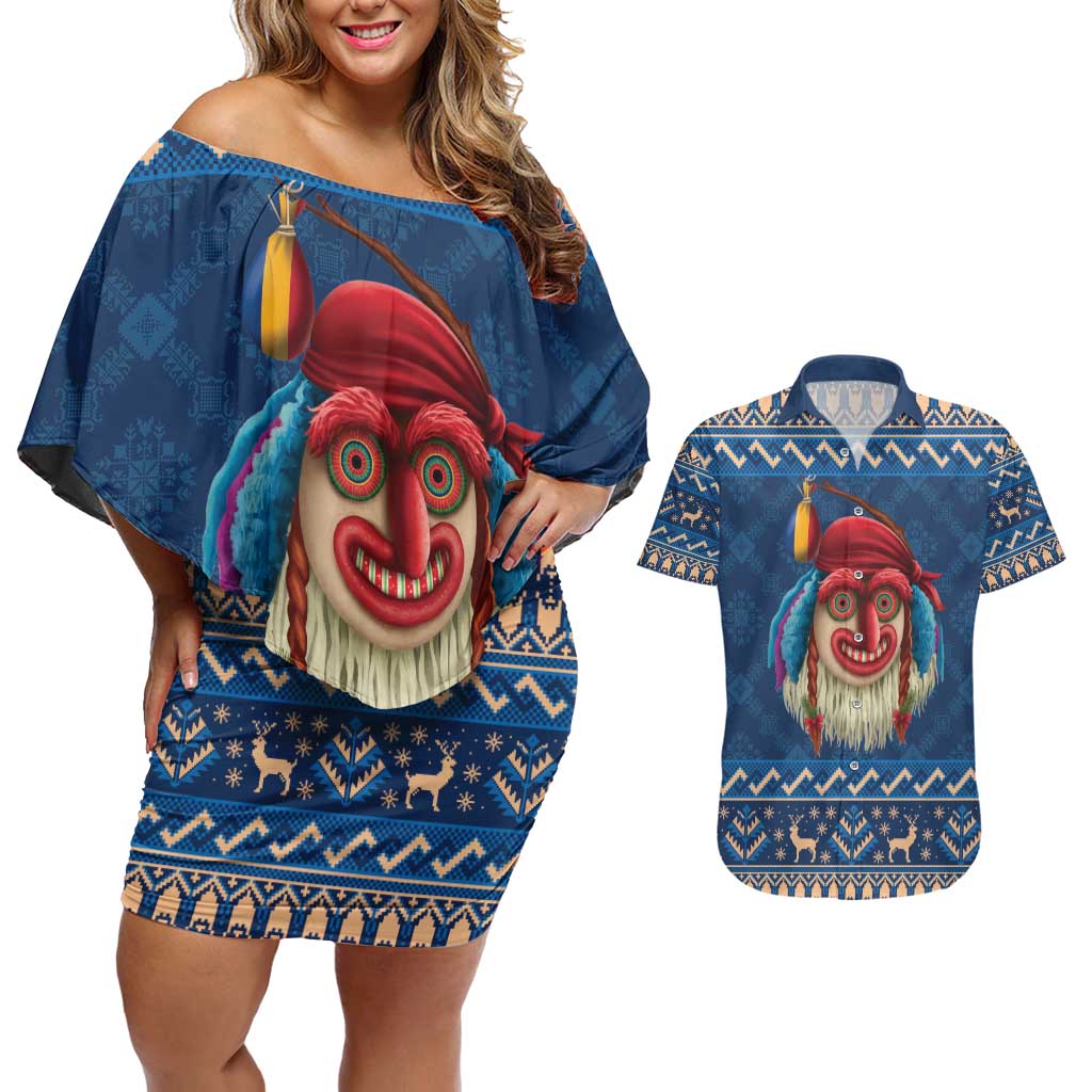Personalized Romania Christmas Couples Matching Off Shoulder Short Dress and Hawaiian Shirt Romanian Traditional Masks - Wonder Print Shop