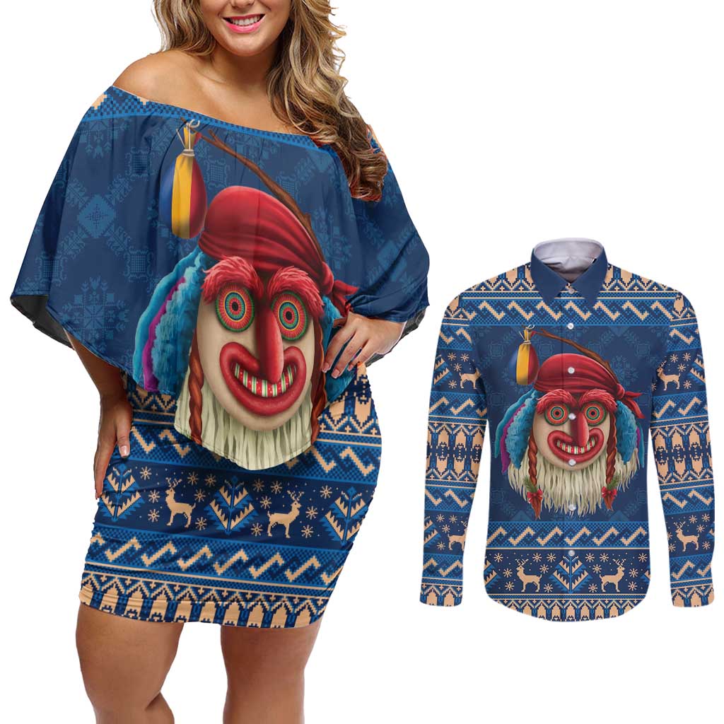 Personalized Romania Christmas Couples Matching Off Shoulder Short Dress and Long Sleeve Button Shirt Romanian Traditional Masks - Wonder Print Shop