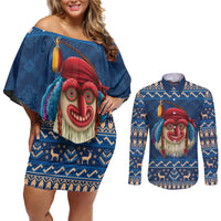 Personalized Romania Christmas Couples Matching Off Shoulder Short Dress and Long Sleeve Button Shirt Romanian Traditional Masks - Wonder Print Shop