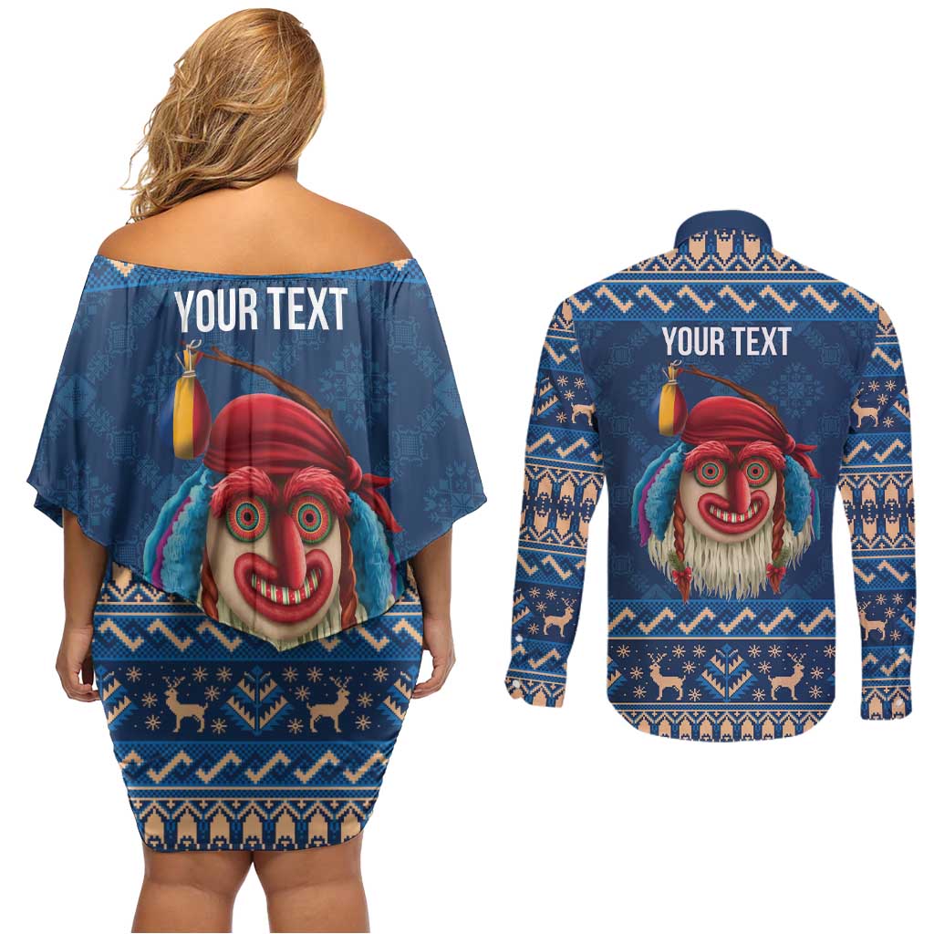 Personalized Romania Christmas Couples Matching Off Shoulder Short Dress and Long Sleeve Button Shirt Romanian Traditional Masks - Wonder Print Shop