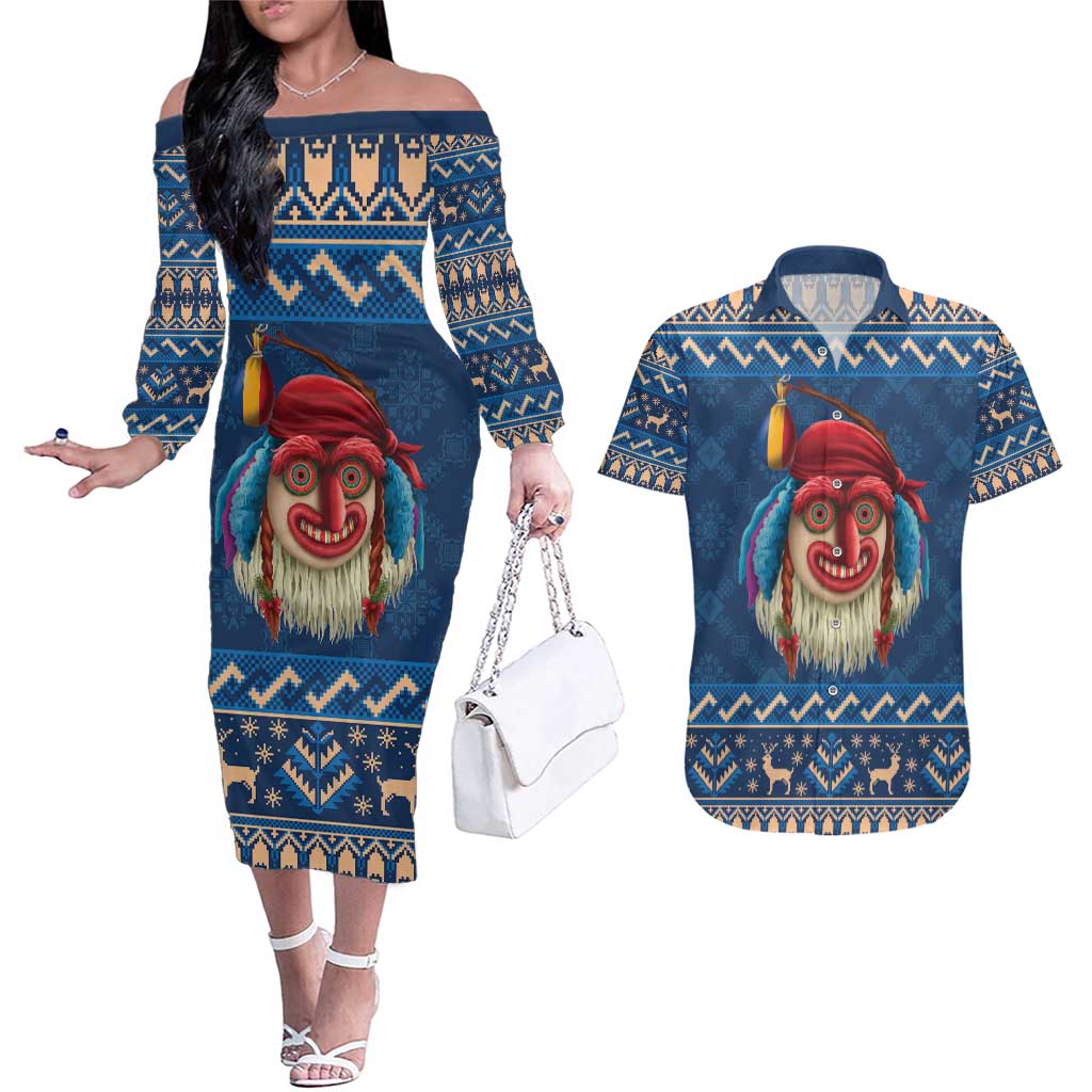 Personalized Romania Christmas Couples Matching Off The Shoulder Long Sleeve Dress and Hawaiian Shirt Romanian Traditional Masks - Wonder Print Shop