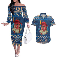 Personalized Romania Christmas Couples Matching Off The Shoulder Long Sleeve Dress and Hawaiian Shirt Romanian Traditional Masks - Wonder Print Shop