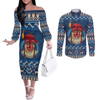 Personalized Romania Christmas Couples Matching Off The Shoulder Long Sleeve Dress and Long Sleeve Button Shirt Romanian Traditional Masks - Wonder Print Shop