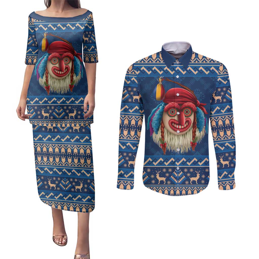 Personalized Romania Christmas Couples Matching Puletasi and Long Sleeve Button Shirt Romanian Traditional Masks - Wonder Print Shop
