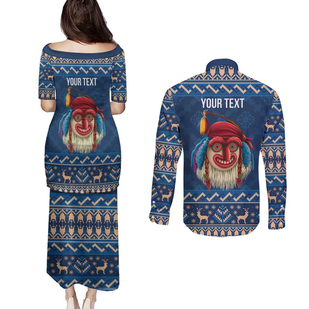 Personalized Romania Christmas Couples Matching Puletasi and Long Sleeve Button Shirt Romanian Traditional Masks - Wonder Print Shop