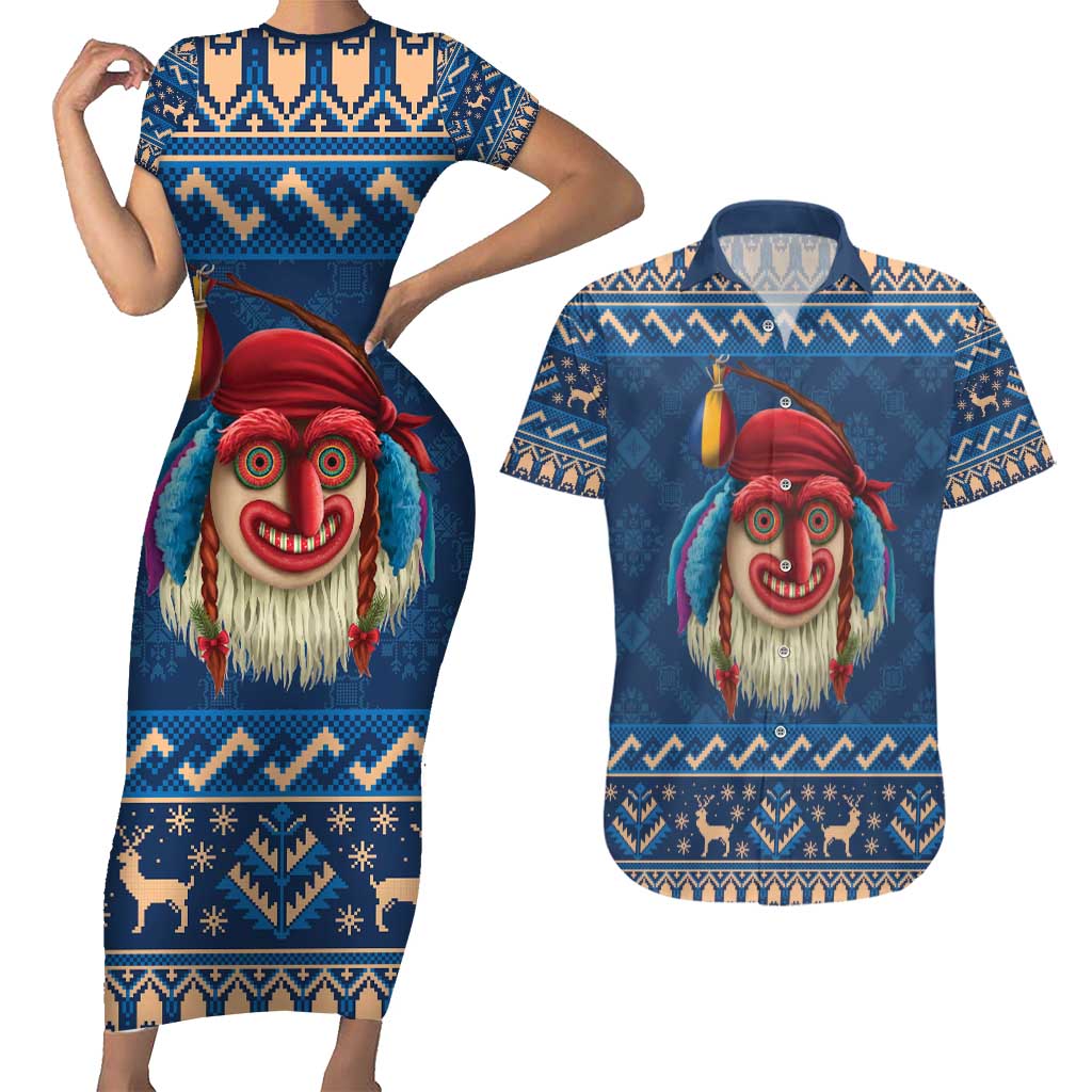 Personalized Romania Christmas Couples Matching Short Sleeve Bodycon Dress and Hawaiian Shirt Romanian Traditional Masks - Wonder Print Shop