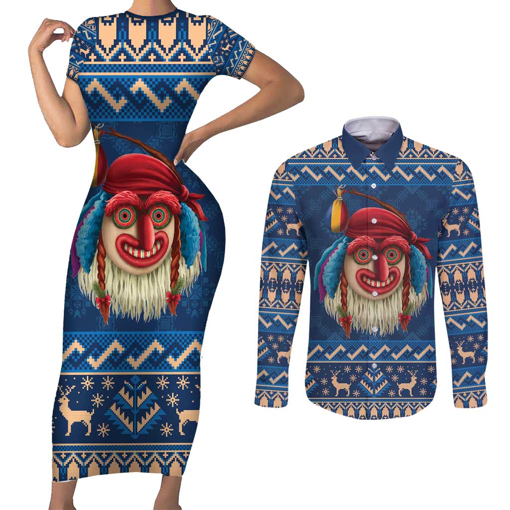 Personalized Romania Christmas Couples Matching Short Sleeve Bodycon Dress and Long Sleeve Button Shirt Romanian Traditional Masks - Wonder Print Shop
