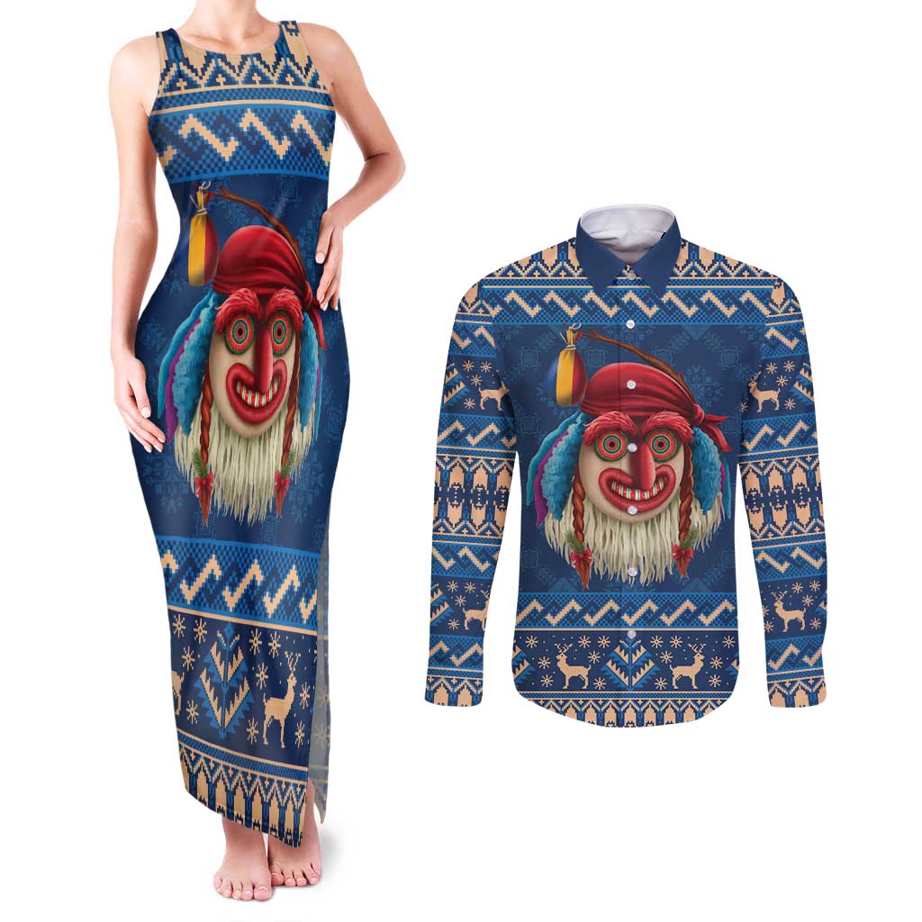 Personalized Romania Christmas Couples Matching Tank Maxi Dress and Long Sleeve Button Shirt Romanian Traditional Masks - Wonder Print Shop