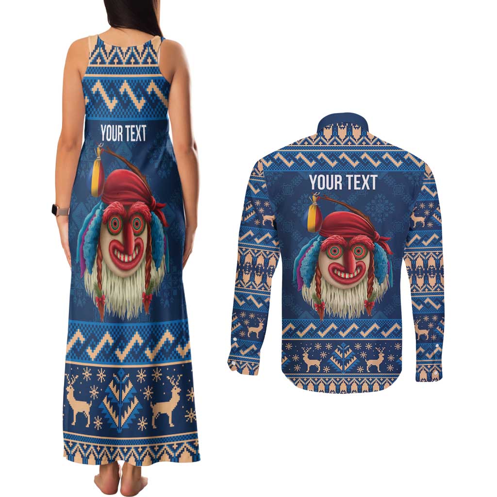 Personalized Romania Christmas Couples Matching Tank Maxi Dress and Long Sleeve Button Shirt Romanian Traditional Masks - Wonder Print Shop