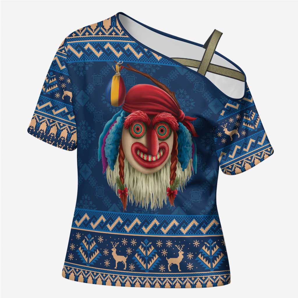 Personalized Romania Christmas Cross Shoulder Shirt Romanian Traditional Masks - Wonder Print Shop