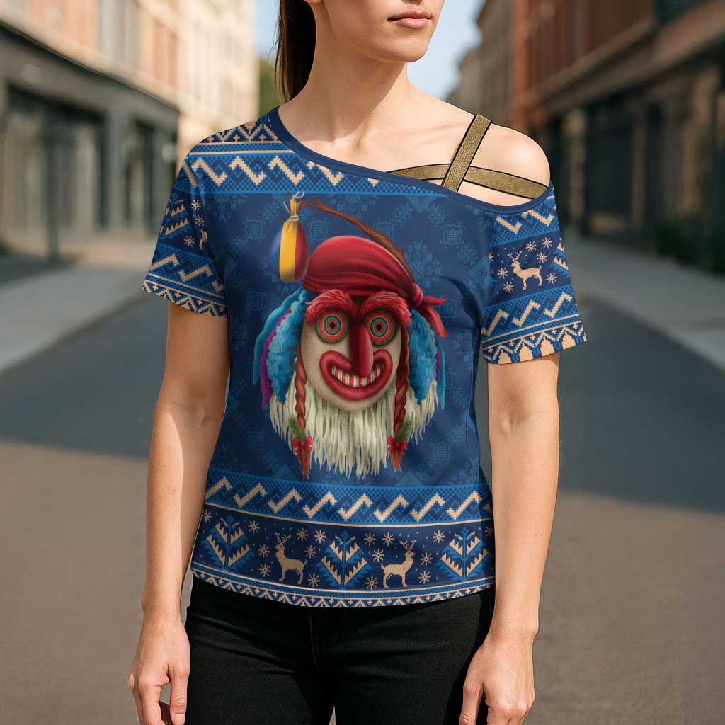 Personalized Romania Christmas Cross Shoulder Shirt Romanian Traditional Masks - Wonder Print Shop