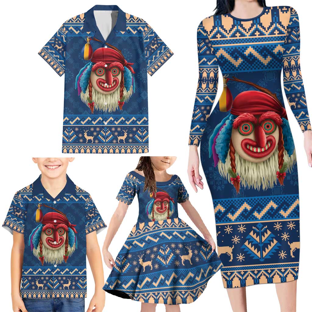 Personalized Romania Christmas Family Matching Long Sleeve Bodycon Dress and Hawaiian Shirt Romanian Traditional Masks - Wonder Print Shop