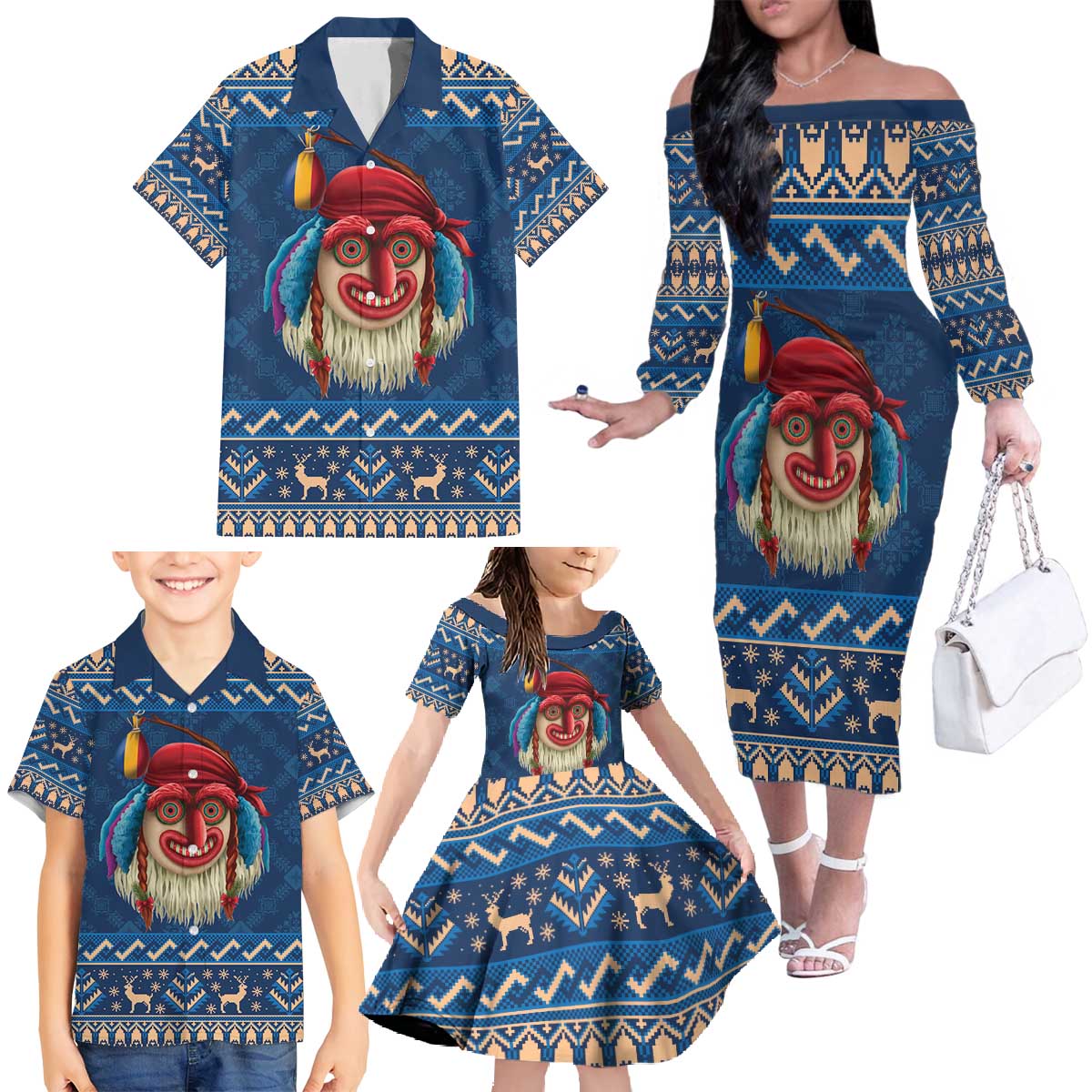 Personalized Romania Christmas Family Matching Off The Shoulder Long Sleeve Dress and Hawaiian Shirt Romanian Traditional Masks - Wonder Print Shop