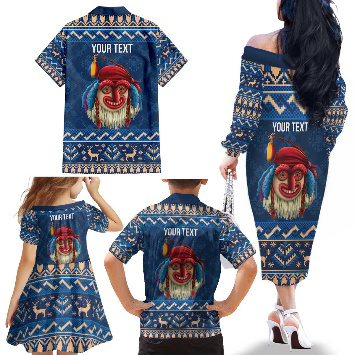 Personalized Romania Christmas Family Matching Off The Shoulder Long Sleeve Dress and Hawaiian Shirt Romanian Traditional Masks - Wonder Print Shop
