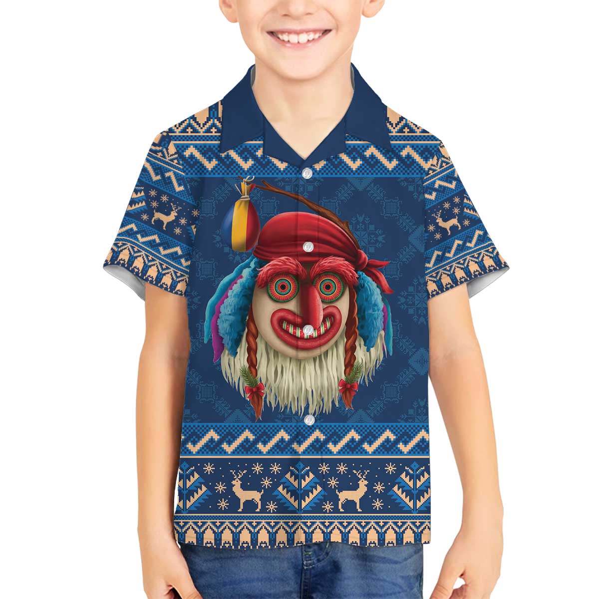 Personalized Romania Christmas Family Matching Off The Shoulder Long Sleeve Dress and Hawaiian Shirt Romanian Traditional Masks - Wonder Print Shop