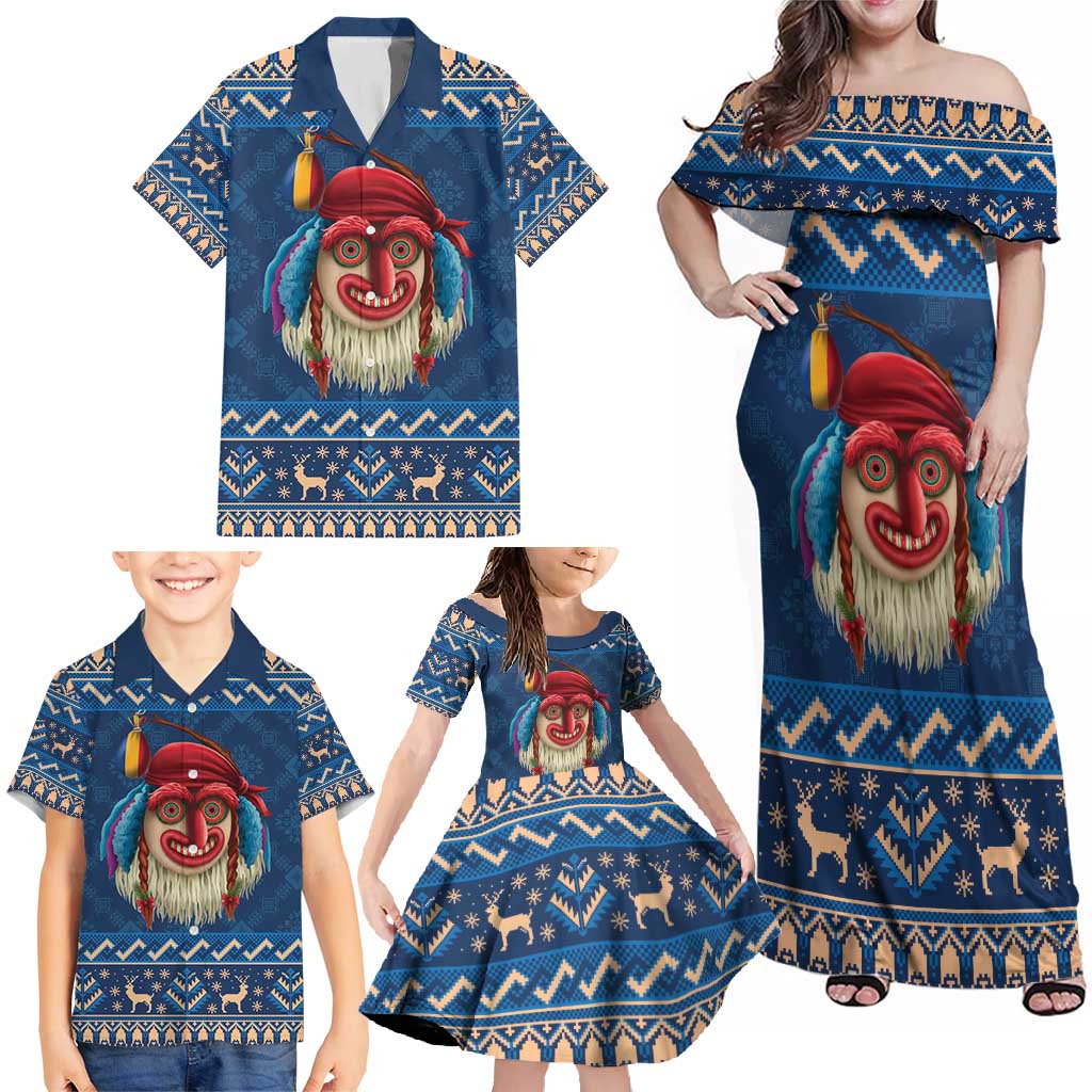 Personalized Romania Christmas Family Matching Off Shoulder Maxi Dress and Hawaiian Shirt Romanian Traditional Masks - Wonder Print Shop