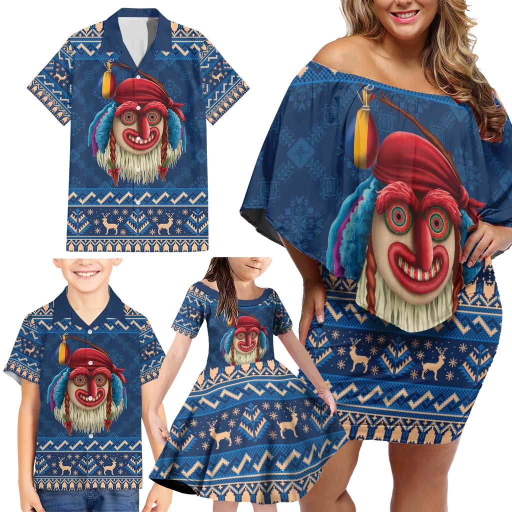 Personalized Romania Christmas Family Matching Off Shoulder Short Dress and Hawaiian Shirt Romanian Traditional Masks - Wonder Print Shop