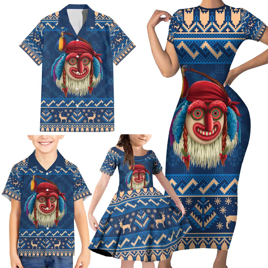 Personalized Romania Christmas Family Matching Short Sleeve Bodycon Dress and Hawaiian Shirt Romanian Traditional Masks - Wonder Print Shop