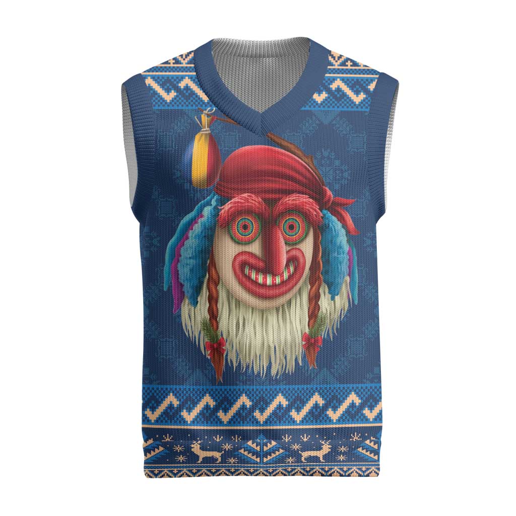 Personalized Romania Christmas Knitted V-Neck Vest Romanian Traditional Masks - Wonder Print Shop