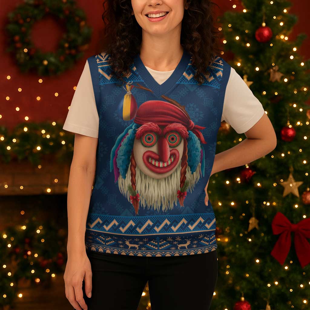 Personalized Romania Christmas Knitted V-Neck Vest Romanian Traditional Masks - Wonder Print Shop