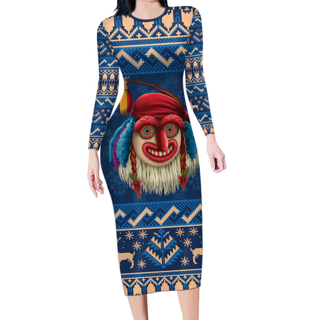 Personalized Romania Christmas Long Sleeve Bodycon Dress Romanian Traditional Masks - Wonder Print Shop