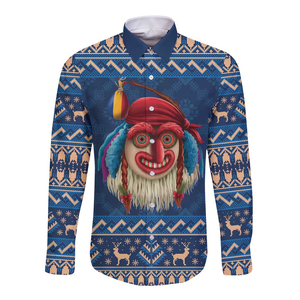 Personalized Romania Christmas Long Sleeve Button Shirt Romanian Traditional Masks - Wonder Print Shop