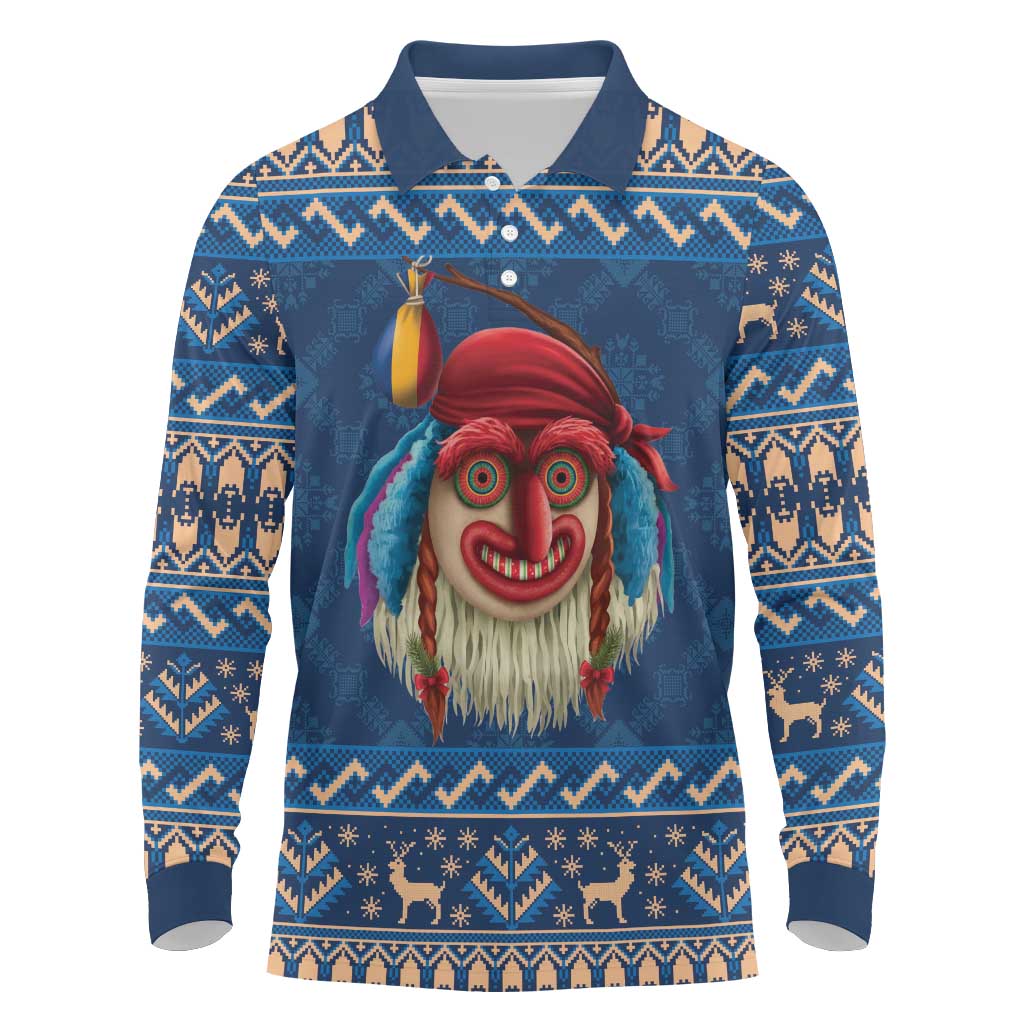 Personalized Romania Christmas Long Sleeve Polo Shirt Romanian Traditional Masks - Wonder Print Shop