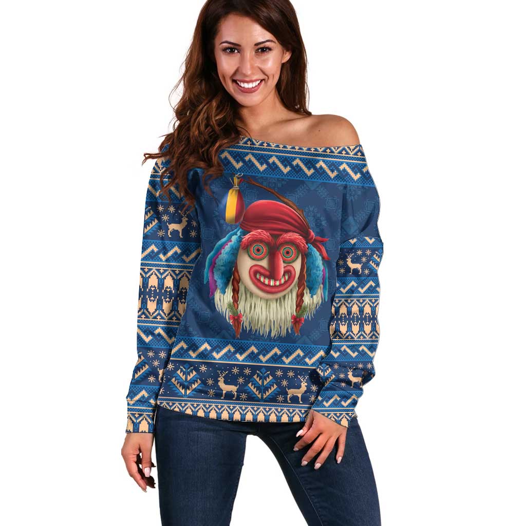 Personalized Romania Christmas Off Shoulder Sweater Romanian Traditional Masks - Wonder Print Shop
