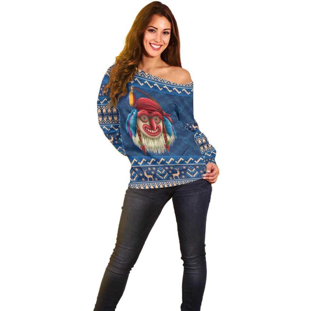 Personalized Romania Christmas Off Shoulder Sweater Romanian Traditional Masks - Wonder Print Shop