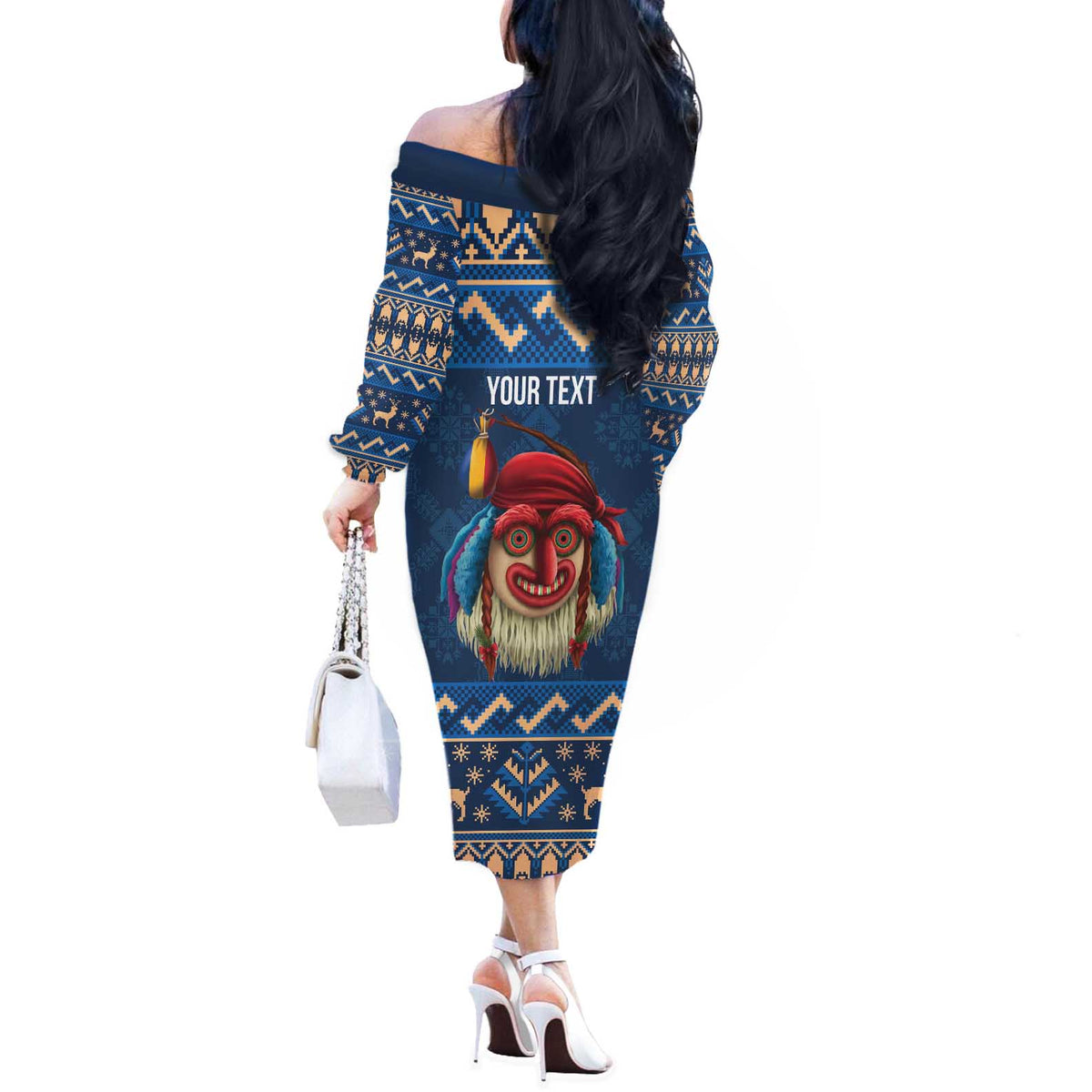 Personalized Romania Christmas Off The Shoulder Long Sleeve Dress Romanian Traditional Masks - Wonder Print Shop