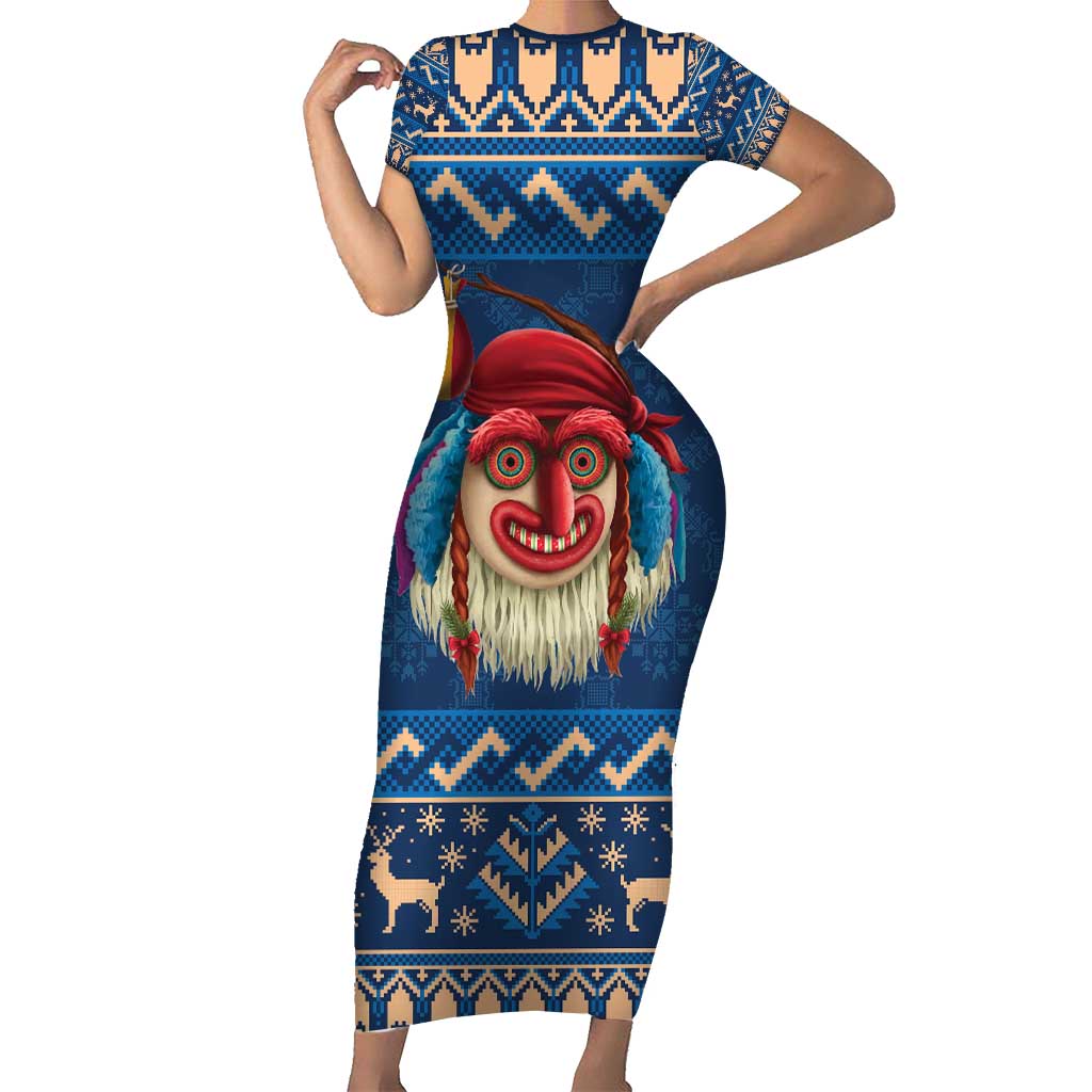 Personalized Romania Christmas Short Sleeve Bodycon Dress Romanian Traditional Masks - Wonder Print Shop