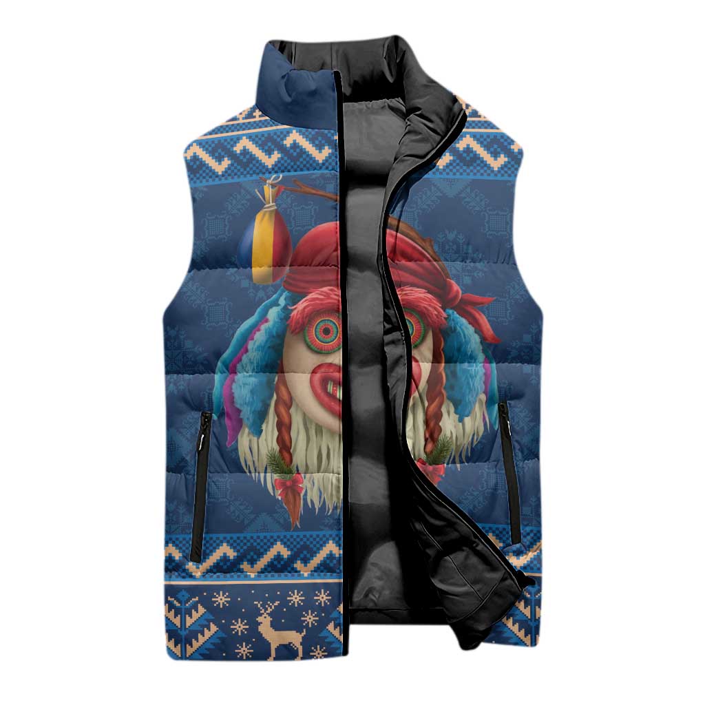 Personalized Romania Christmas Sleeveless Puffer Jacket Romanian Traditional Masks - Wonder Print Shop