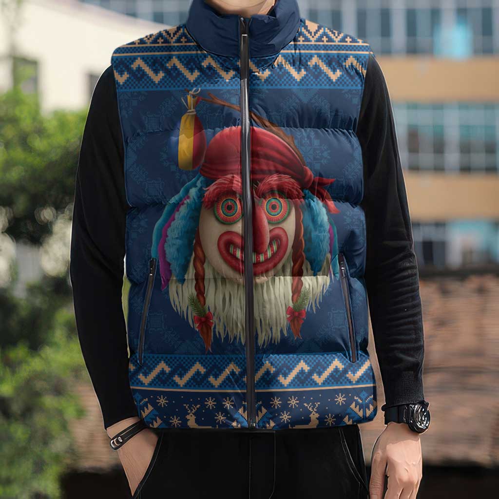 Personalized Romania Christmas Sleeveless Puffer Jacket Romanian Traditional Masks - Wonder Print Shop