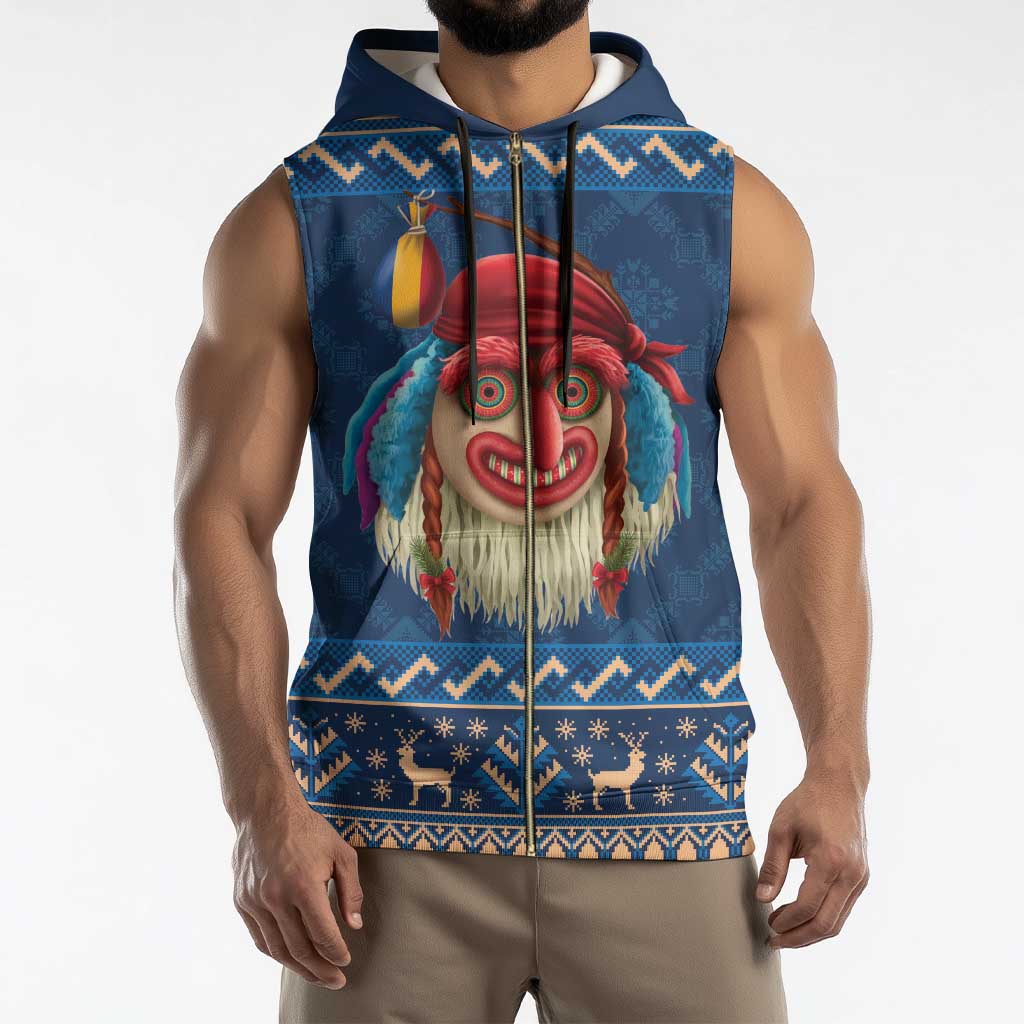 Personalized Romania Christmas Sleeveless Zip Hoodie Romanian Traditional Masks - Wonder Print Shop