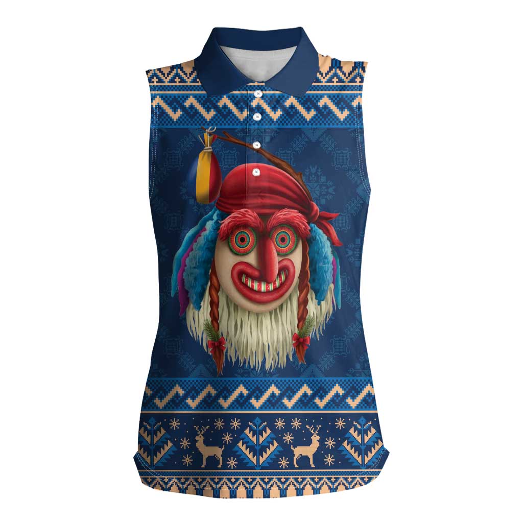 Personalized Romania Christmas Women Sleeveless Polo Shirt Romanian Traditional Masks - Wonder Print Shop