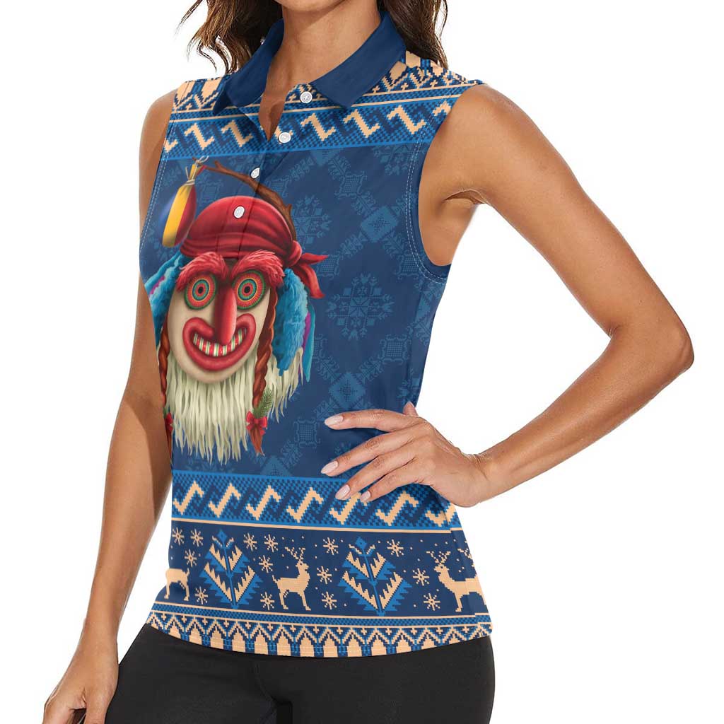 Personalized Romania Christmas Women Sleeveless Polo Shirt Romanian Traditional Masks - Wonder Print Shop