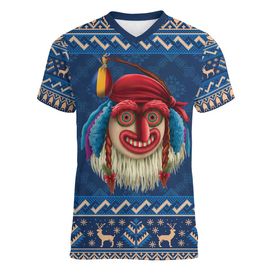 Personalized Romania Christmas Women V-Neck T-Shirt Romanian Traditional Masks - Wonder Print Shop