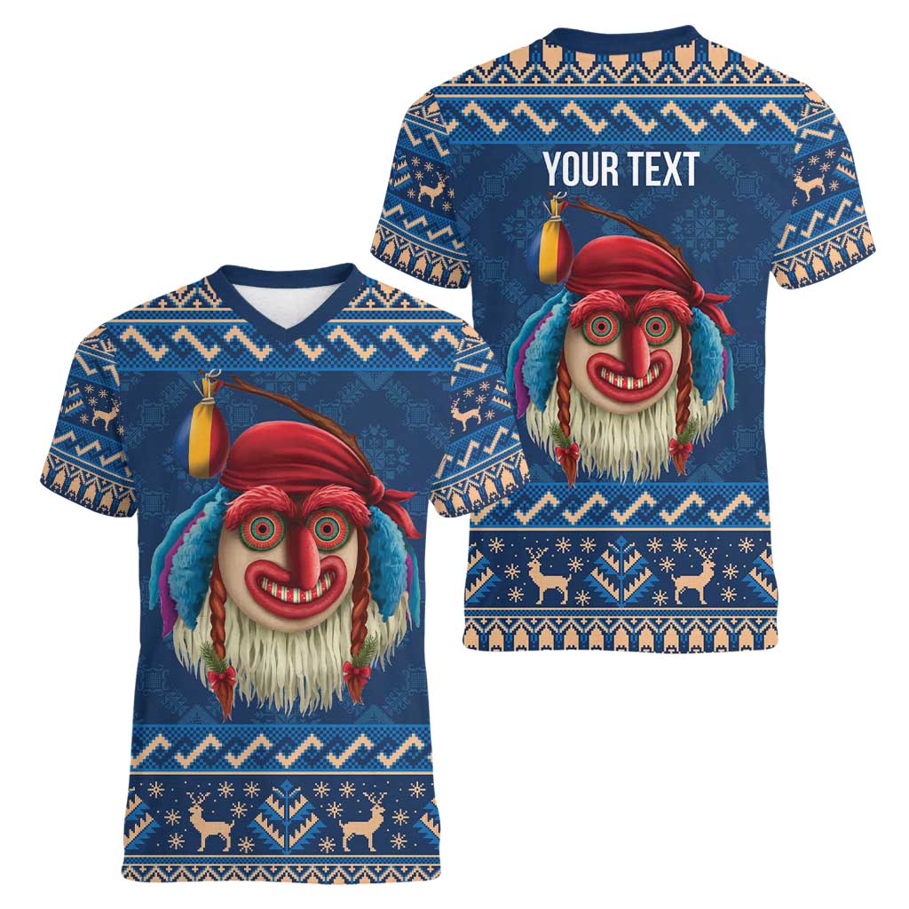 Personalized Romania Christmas Women V-Neck T-Shirt Romanian Traditional Masks - Wonder Print Shop