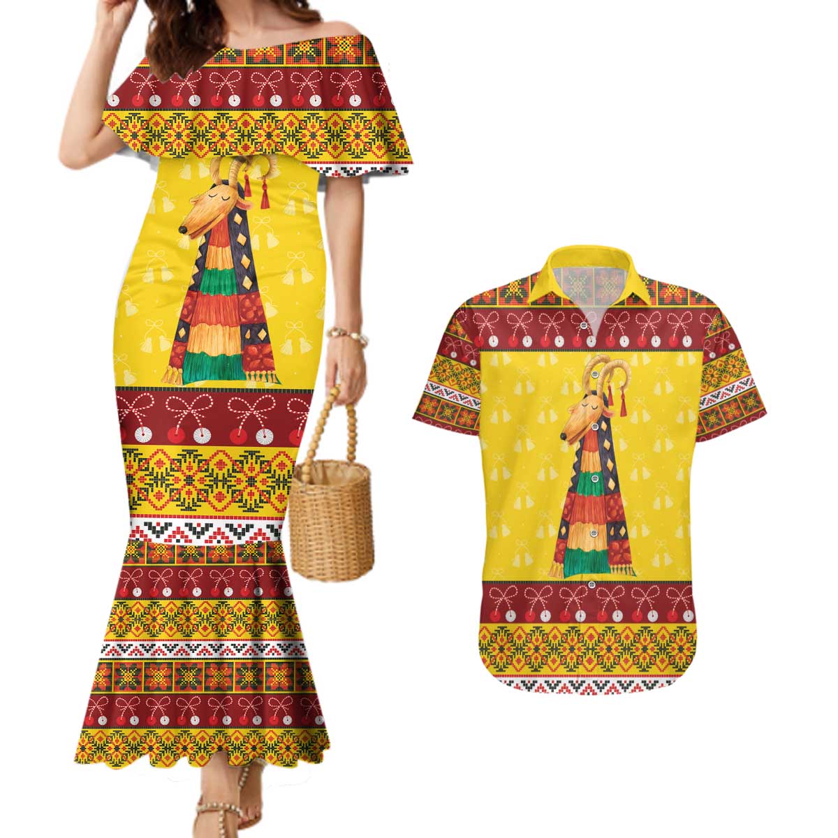 Personalized Moldova Christmas Couples Matching Mermaid Dress and Hawaiian Shirt Capra Goat Folk Costume - Wonder Print Shop