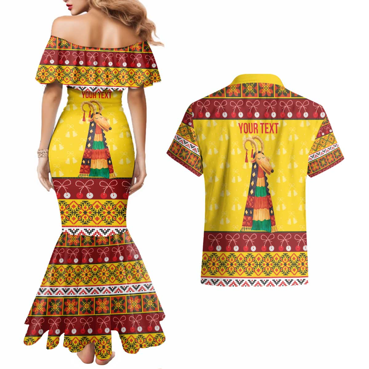 Personalized Moldova Christmas Couples Matching Mermaid Dress and Hawaiian Shirt Capra Goat Folk Costume - Wonder Print Shop
