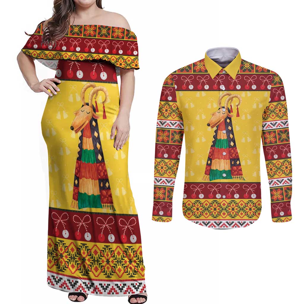 Personalized Moldova Christmas Couples Matching Off Shoulder Maxi Dress and Long Sleeve Button Shirt Capra Goat Folk Costume - Wonder Print Shop