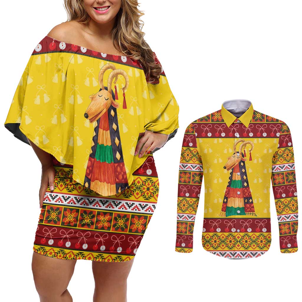 Personalized Moldova Christmas Couples Matching Off Shoulder Short Dress and Long Sleeve Button Shirt Capra Goat Folk Costume - Wonder Print Shop