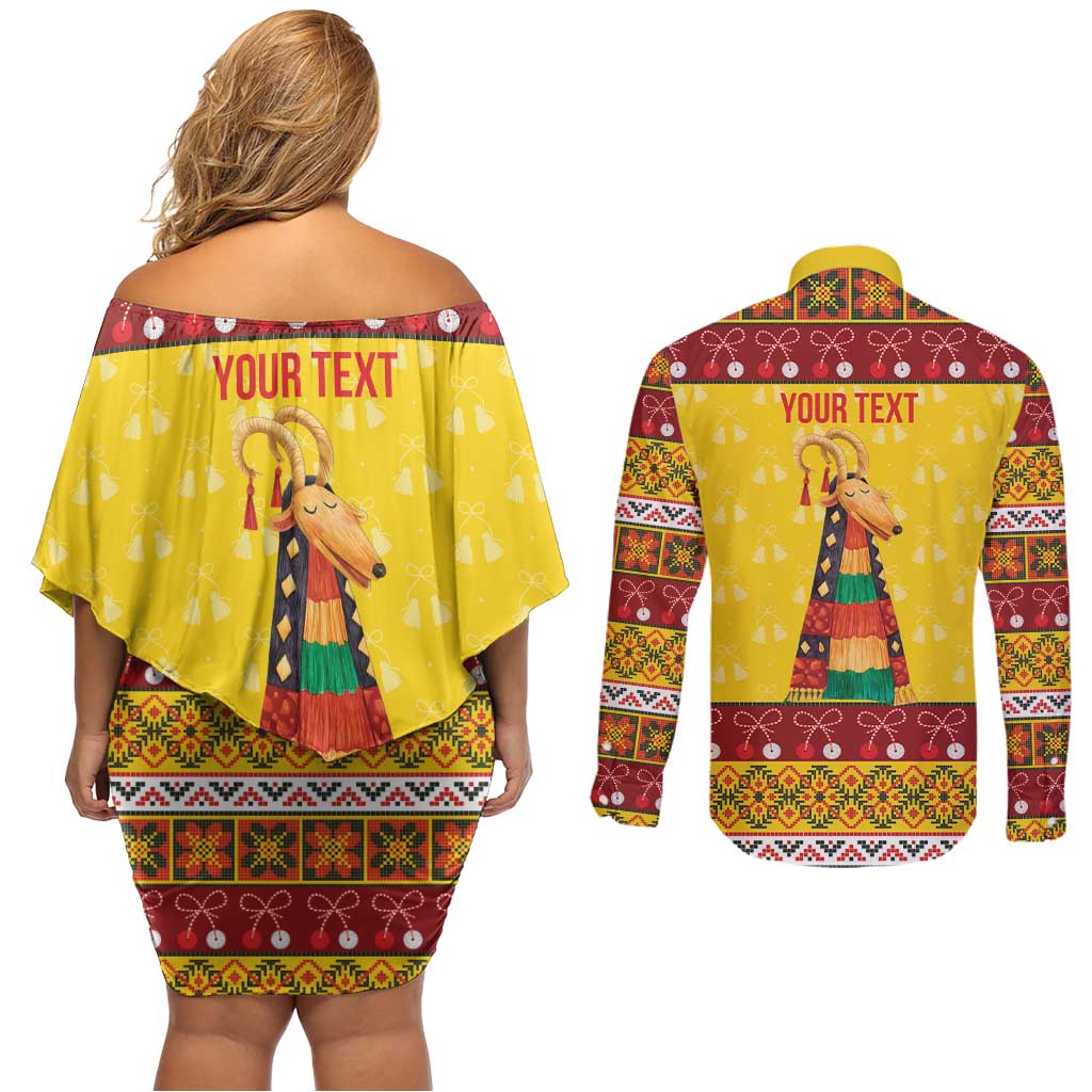 Personalized Moldova Christmas Couples Matching Off Shoulder Short Dress and Long Sleeve Button Shirt Capra Goat Folk Costume - Wonder Print Shop