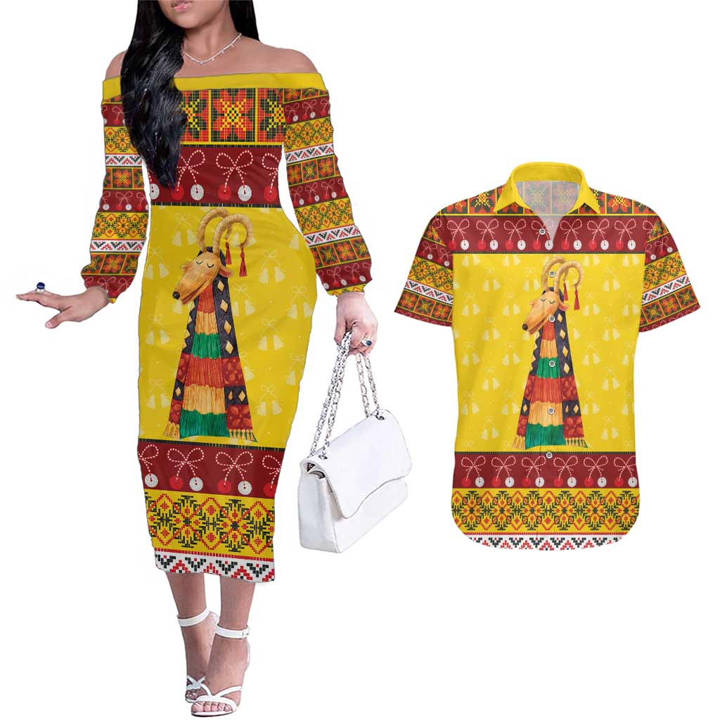 Personalized Moldova Christmas Couples Matching Off The Shoulder Long Sleeve Dress and Hawaiian Shirt Capra Goat Folk Costume - Wonder Print Shop