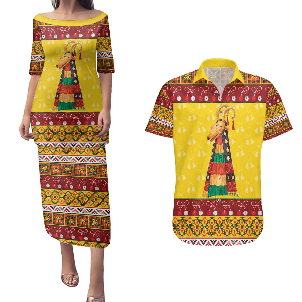 Personalized Moldova Christmas Couples Matching Puletasi and Hawaiian Shirt Capra Goat Folk Costume - Wonder Print Shop